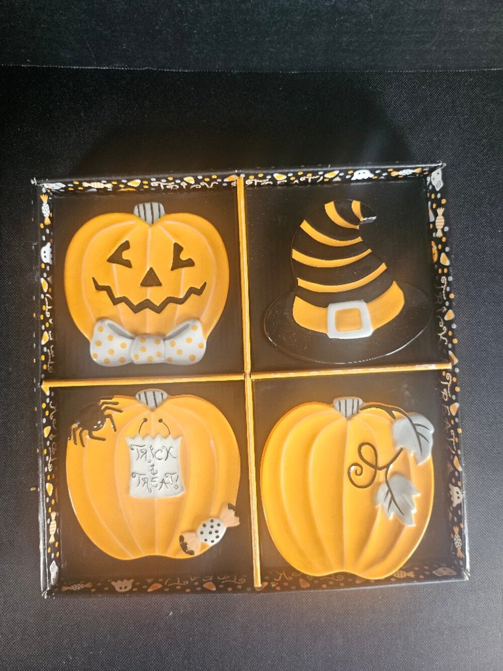 MWW Market Trick or Treat 4 Piece Ceramic Appetizer Set In Box Vintage